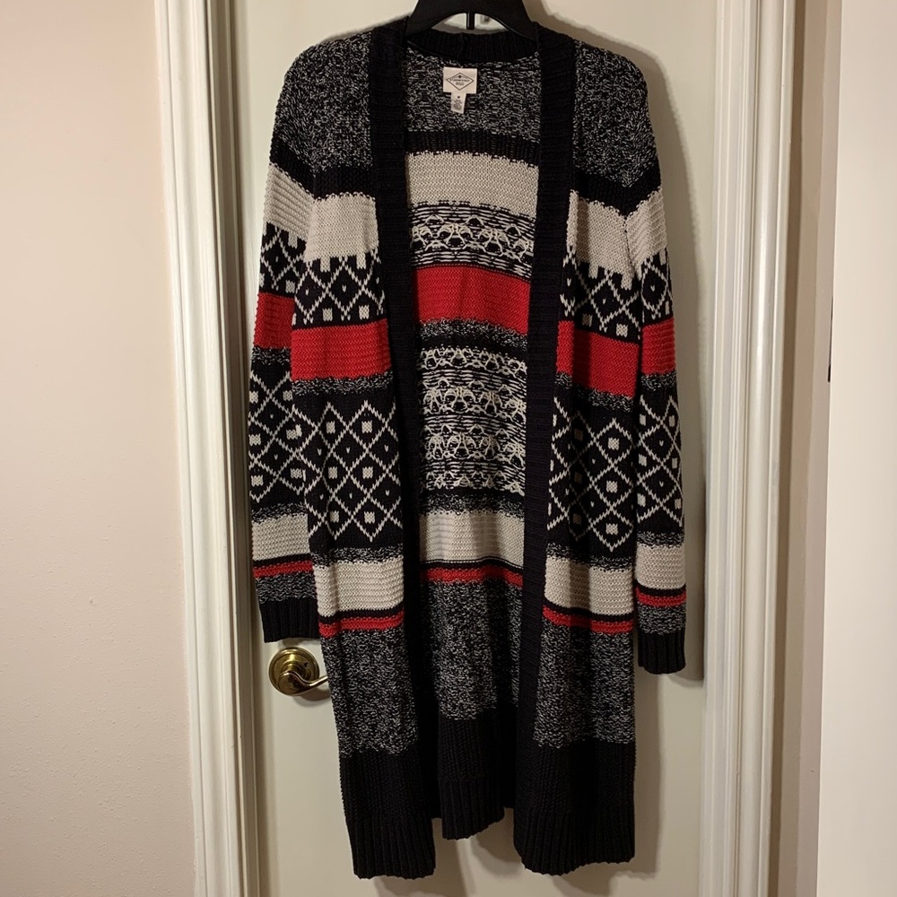 St. John's Bay Black, White, Red Knit Long Cardigan